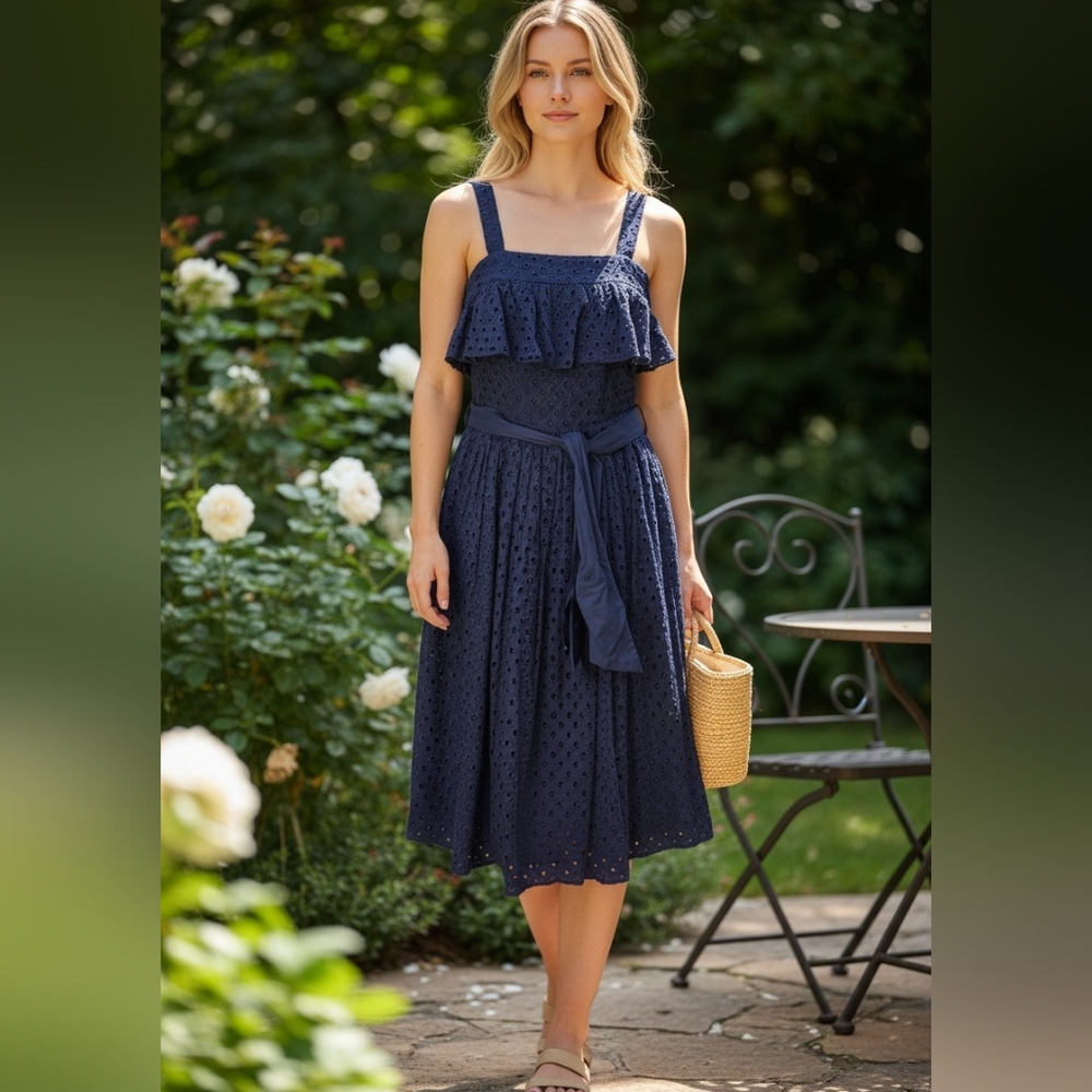 Zoe & Sam Eyelet Dress Navy Luxury Preppy Summer Feminine Vintage 1950s
